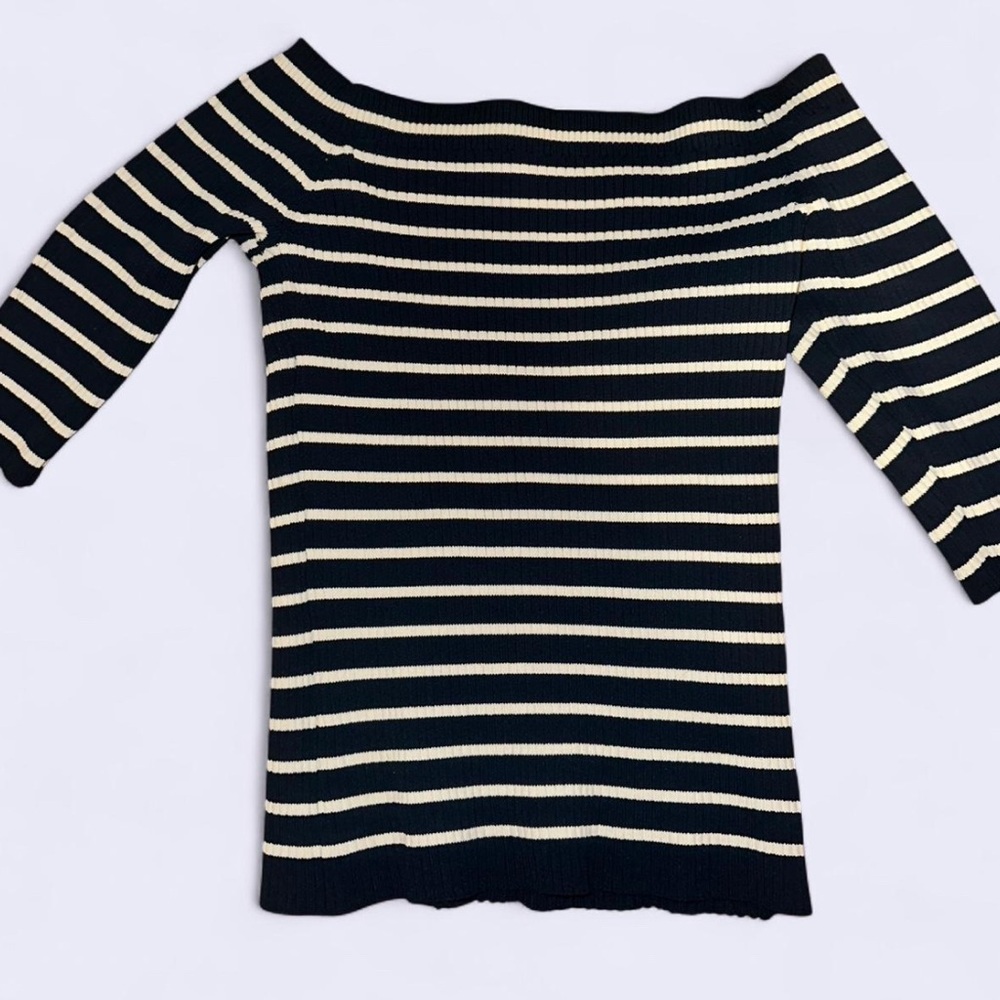 Zara Off-Shoulder Sweater - Black and Cream Stripes